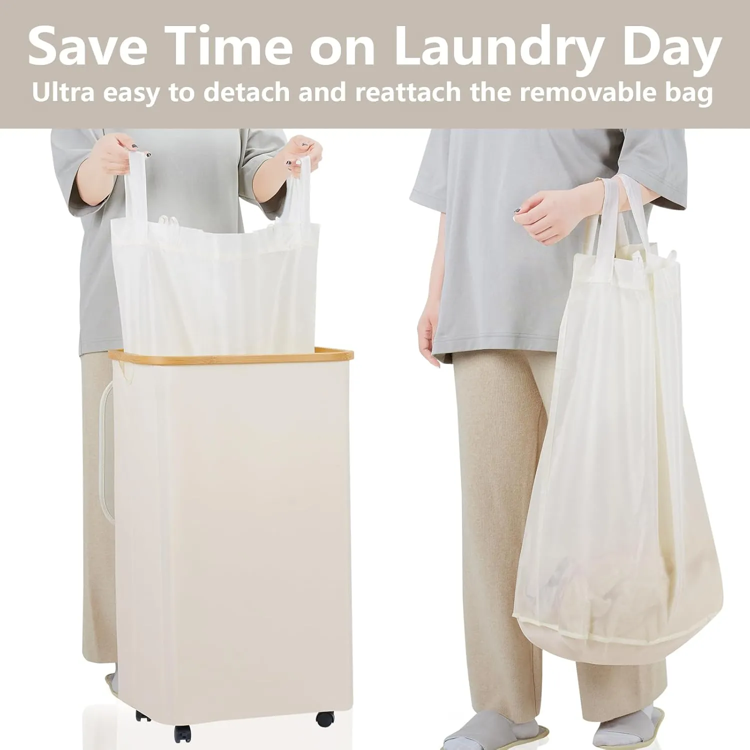 Laundry Basket with Wheels, 105L Laundry Hamper with Lid & Removable Laundy Bag, Waterproof Large Laundry Hamper with Wheels, Rolling Laundry Basket with Bamboo Handles for Laundry Room, Beige