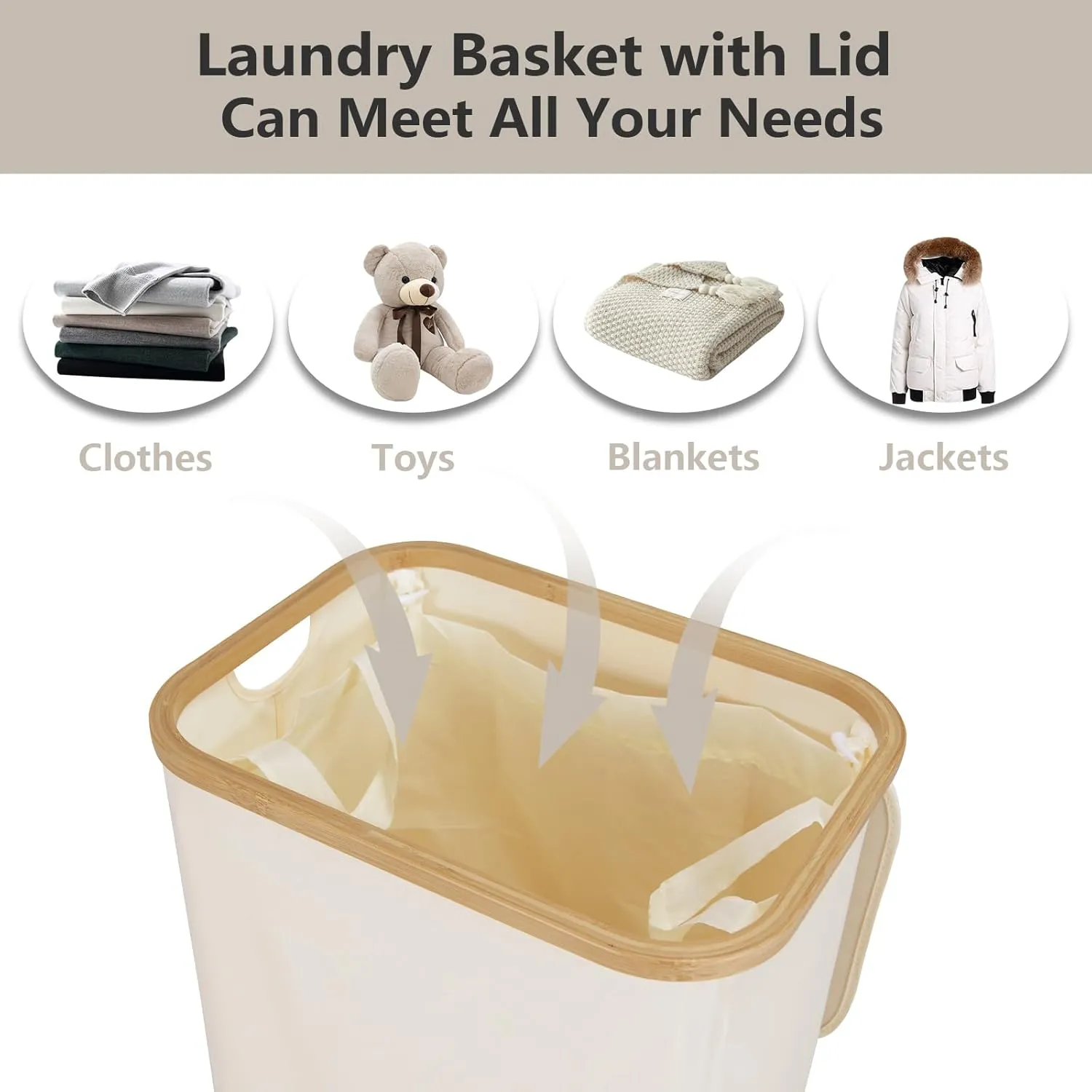 Laundry Basket with Wheels, 105L Laundry Hamper with Lid & Removable Laundy Bag, Waterproof Large Laundry Hamper with Wheels, Rolling Laundry Basket with Bamboo Handles for Laundry Room, Beige