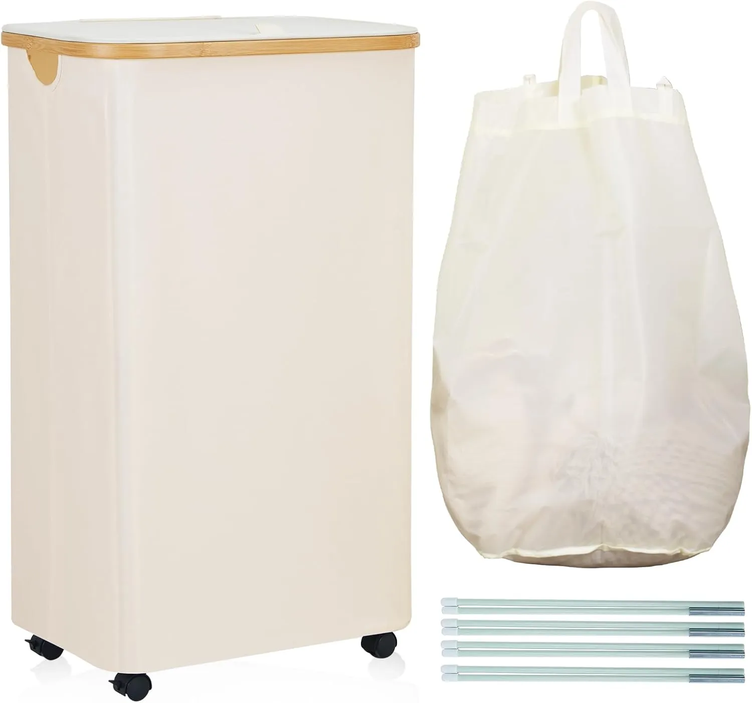 Laundry Basket with Wheels, 105L Laundry Hamper with Lid & Removable Laundy Bag, Waterproof Large Laundry Hamper with Wheels, Rolling Laundry Basket with Bamboo Handles for Laundry Room, Beige