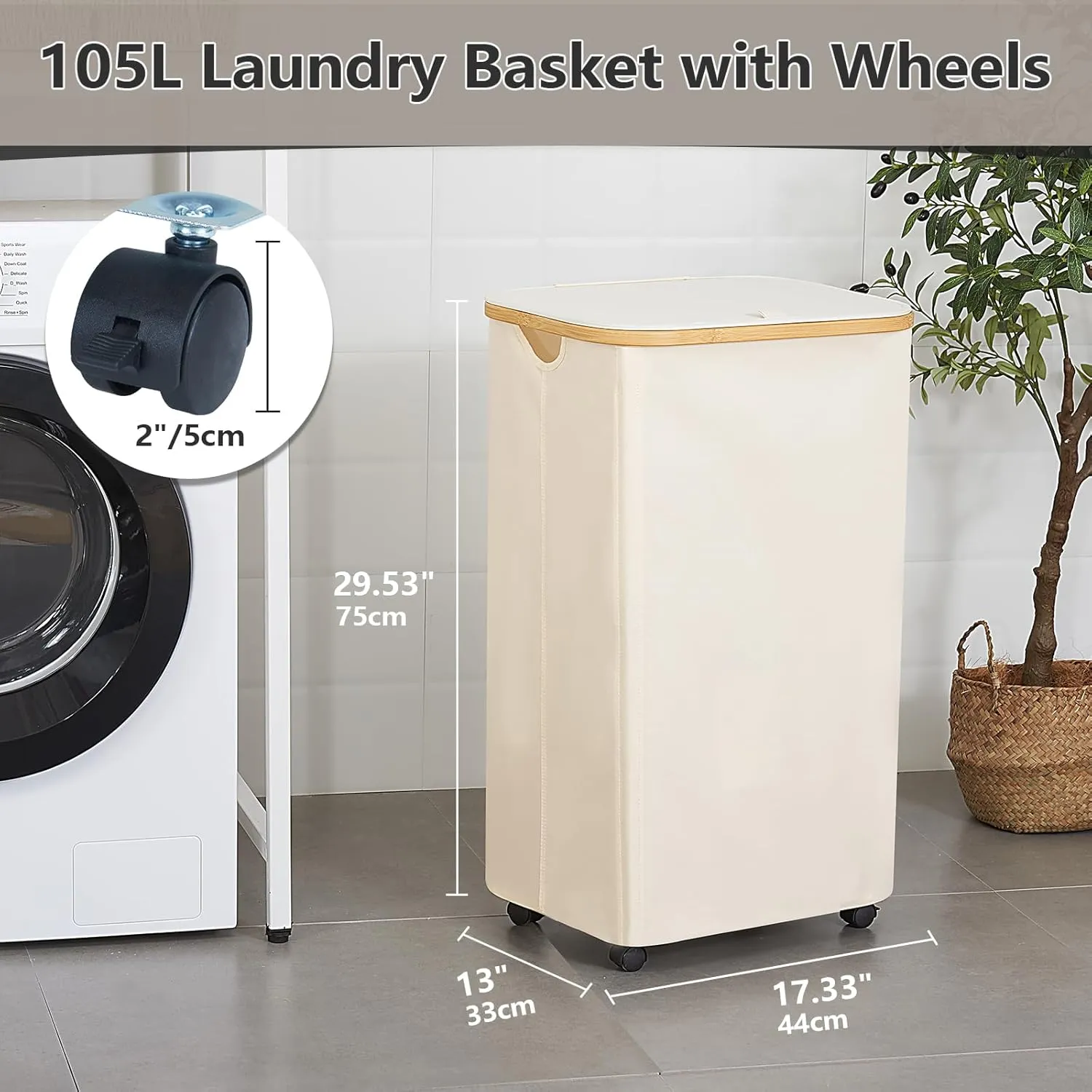 Laundry Basket with Wheels, 105L Laundry Hamper with Lid & Removable Laundy Bag, Waterproof Large Laundry Hamper with Wheels, Rolling Laundry Basket with Bamboo Handles for Laundry Room, Beige