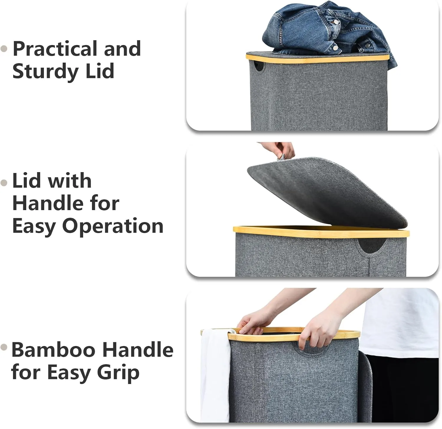 Laundry Basket with Wheels, 105L Laundry Hamper with Lid & Removable Laundy Bag, Waterproof Large Laundry Hamper with Wheels, Rolling Laundry Basket with Bamboo Handles for Laundry Room, Grey
