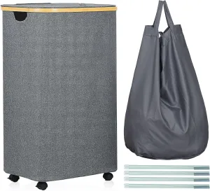 Laundry Basket with Wheels, 105L Laundry Hamper with Lid & Removable Laundy Bag, Waterproof Large Laundry Hamper with Wheels, Rolling Laundry Basket with Bamboo Handles for Laundry Room, Grey