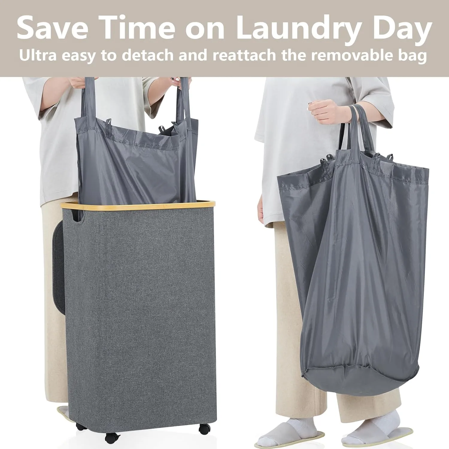 Laundry Basket with Wheels, 105L Laundry Hamper with Lid & Removable Laundy Bag, Waterproof Large Laundry Hamper with Wheels, Rolling Laundry Basket with Bamboo Handles for Laundry Room, Grey