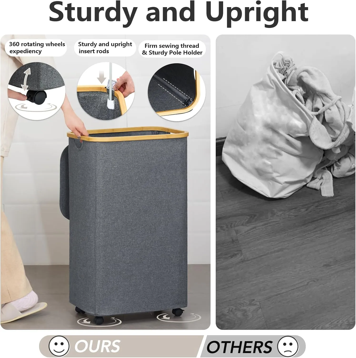 Laundry Basket with Wheels, 105L Laundry Hamper with Lid & Removable Laundy Bag, Waterproof Large Laundry Hamper with Wheels, Rolling Laundry Basket with Bamboo Handles for Laundry Room, Grey
