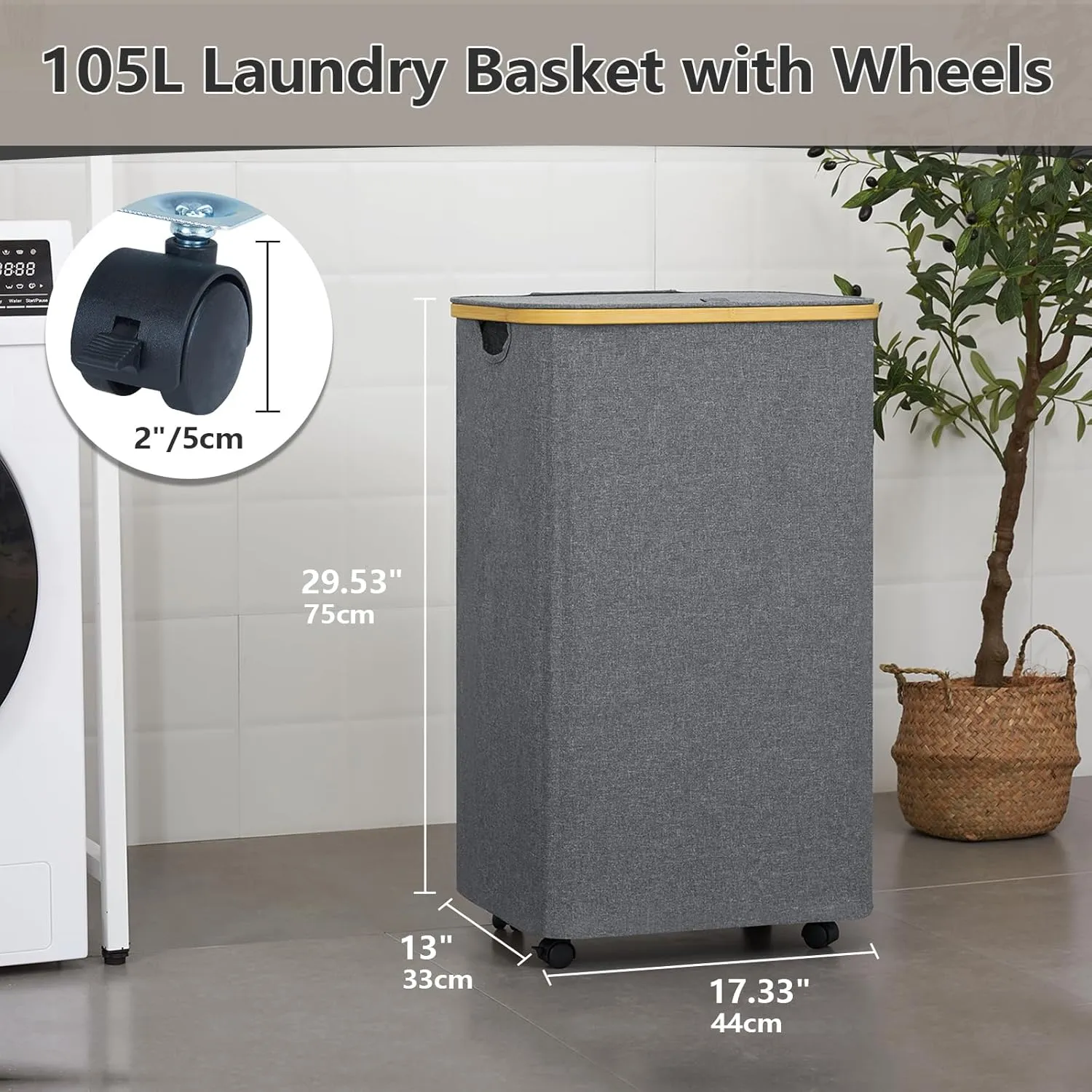 Laundry Basket with Wheels, 105L Laundry Hamper with Lid & Removable Laundy Bag, Waterproof Large Laundry Hamper with Wheels, Rolling Laundry Basket with Bamboo Handles for Laundry Room, Grey