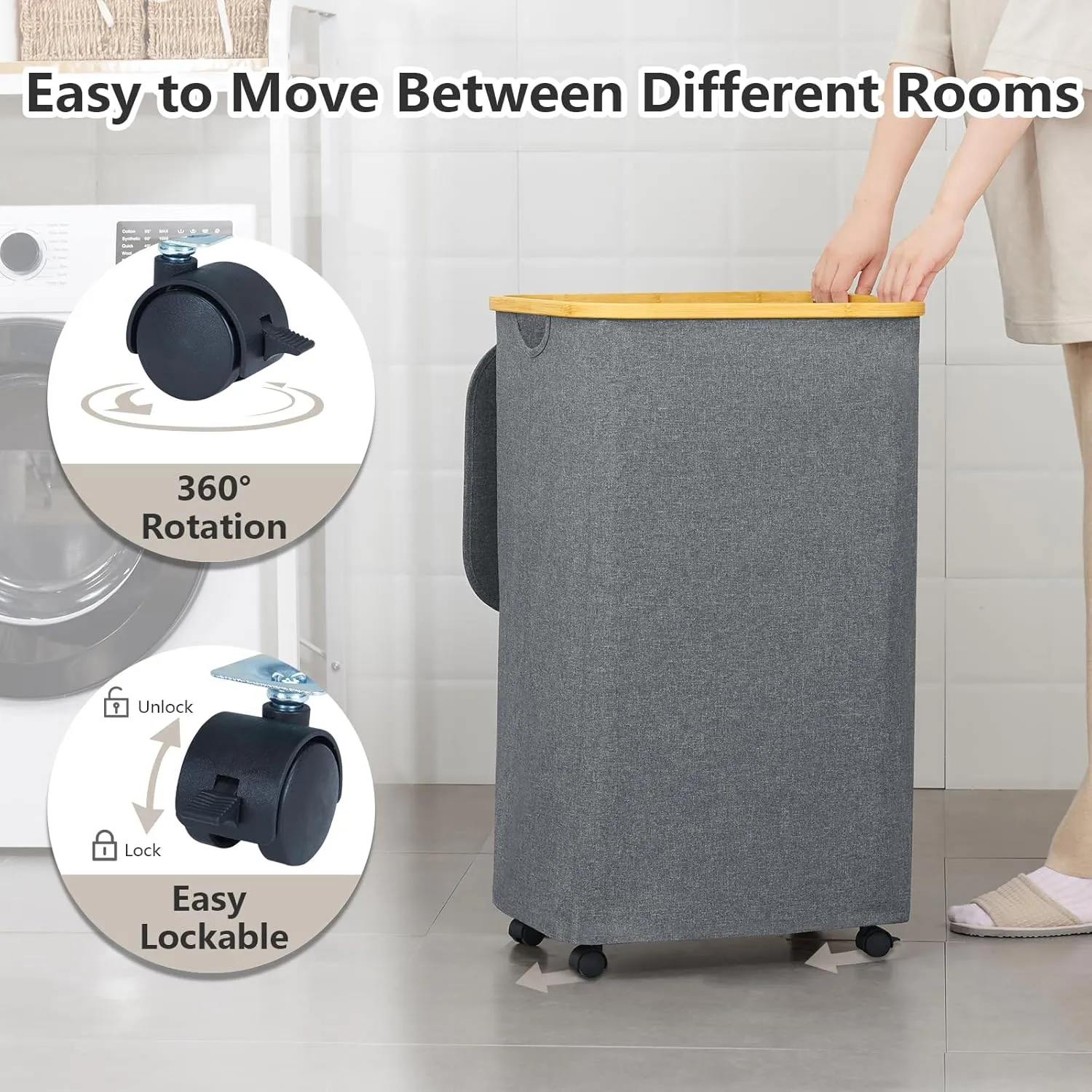 Laundry Basket with Wheels, 105L Laundry Hamper with Lid & Removable Laundy Bag, Waterproof Large Laundry Hamper with Wheels, Rolling Laundry Basket with Bamboo Handles for Laundry Room, Grey