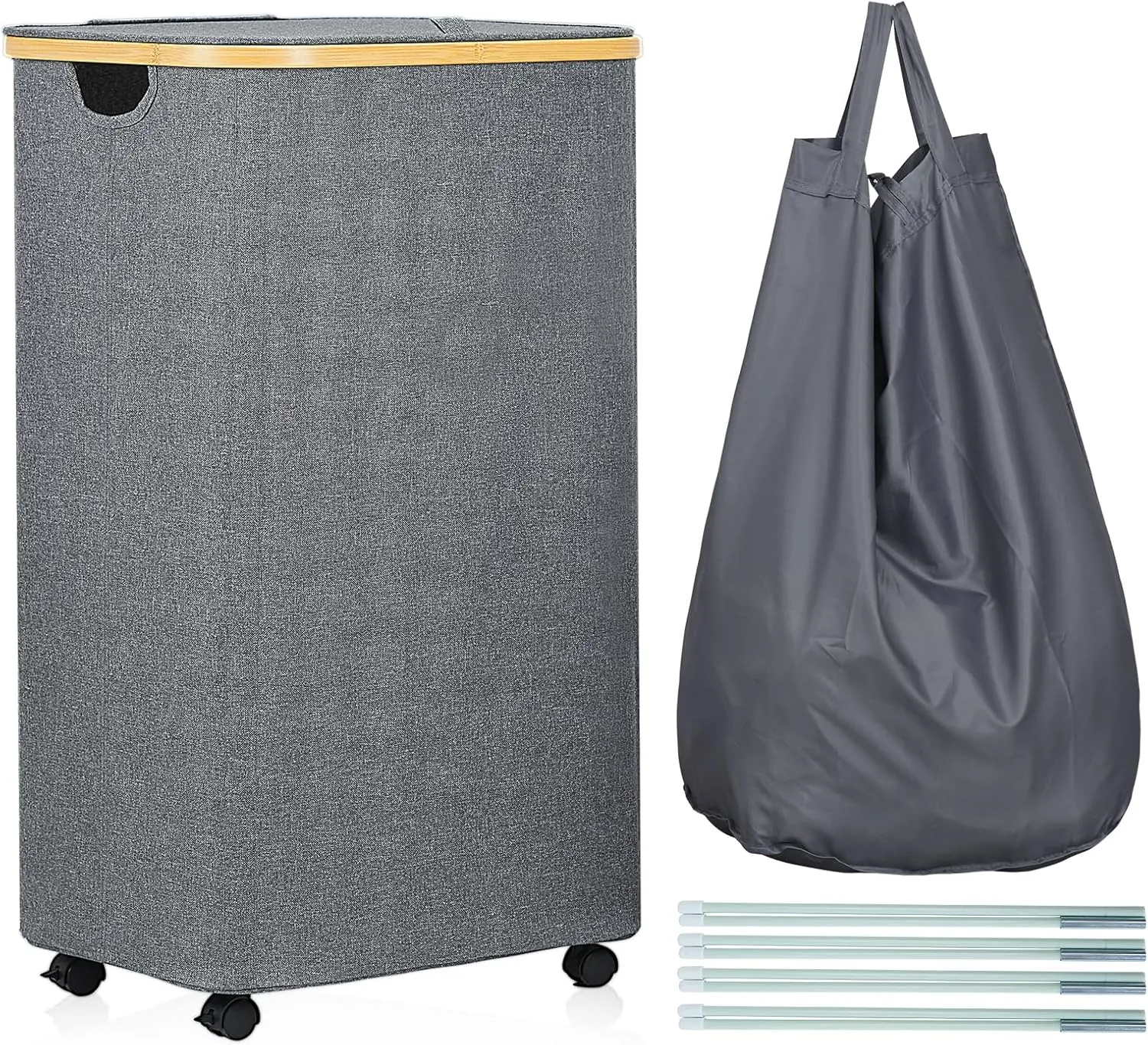 Laundry Basket with Wheels, 105L Laundry Hamper with Lid & Removable Laundy Bag, Waterproof Large Laundry Hamper with Wheels, Rolling Laundry Basket with Bamboo Handles for Laundry Room, Grey