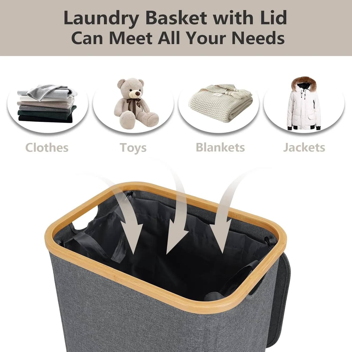 Laundry Basket with Wheels, 105L Laundry Hamper with Lid & Removable Laundy Bag, Waterproof Large Laundry Hamper with Wheels, Rolling Laundry Basket with Bamboo Handles for Laundry Room, Grey