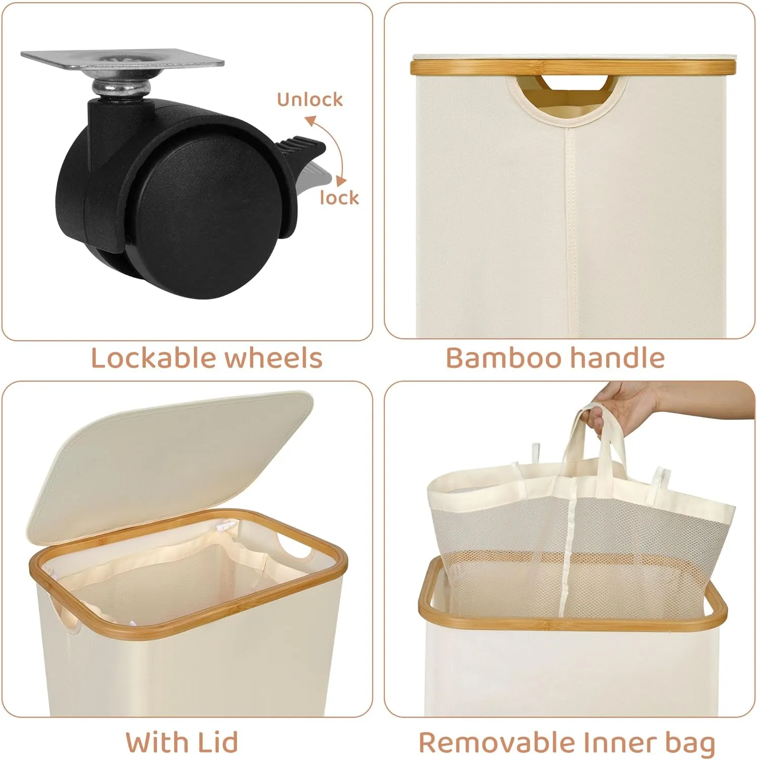 Laundry Basket with Wheels, 110L Clothes Hamper for Laundry, Laundry Hamper with Lid and Inner Bag, for Laundry Room, Bedroom, Dormitory Storage,Beige
