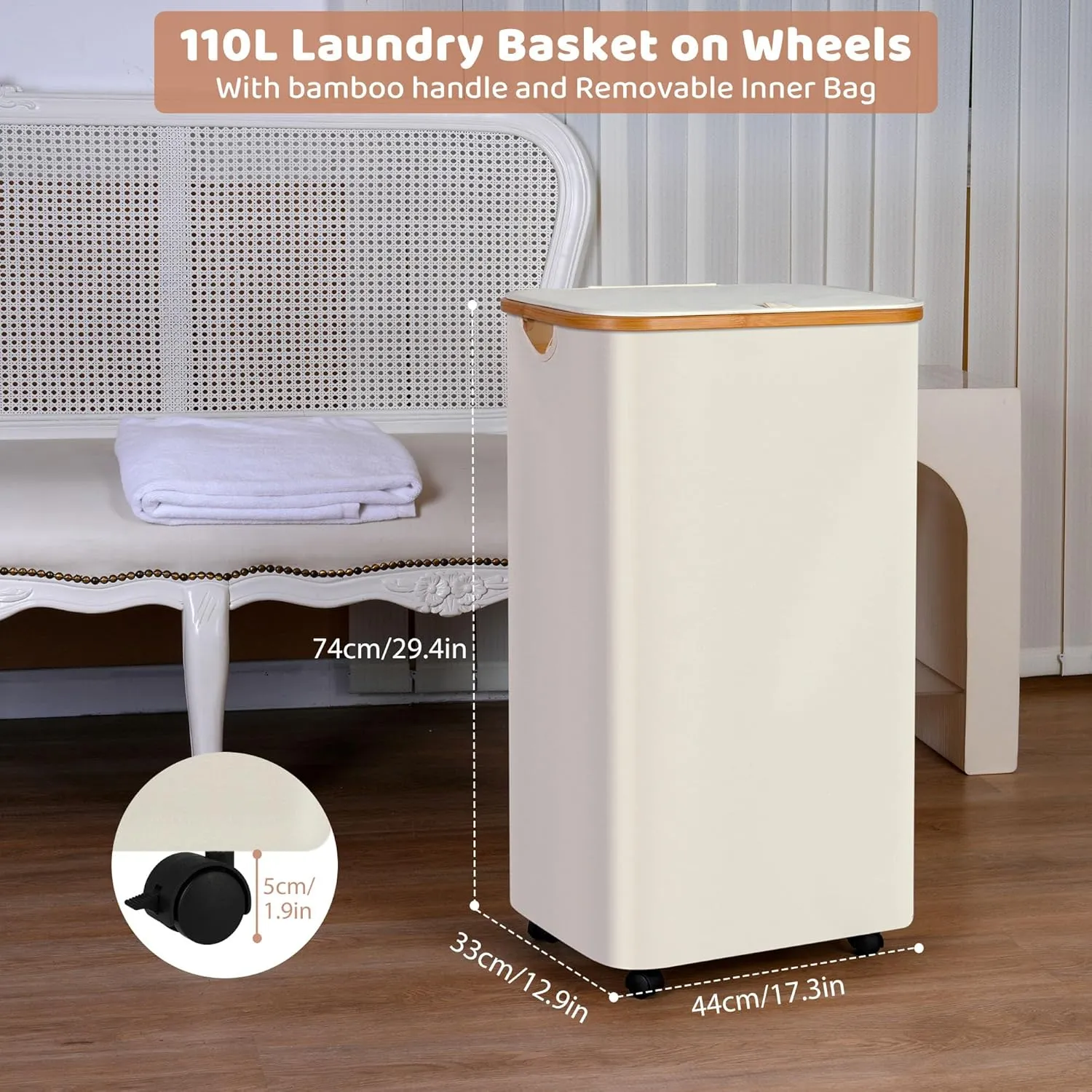 Laundry Basket with Wheels, 110L Clothes Hamper for Laundry, Laundry Hamper with Lid and Inner Bag, for Laundry Room, Bedroom, Dormitory Storage,Beige