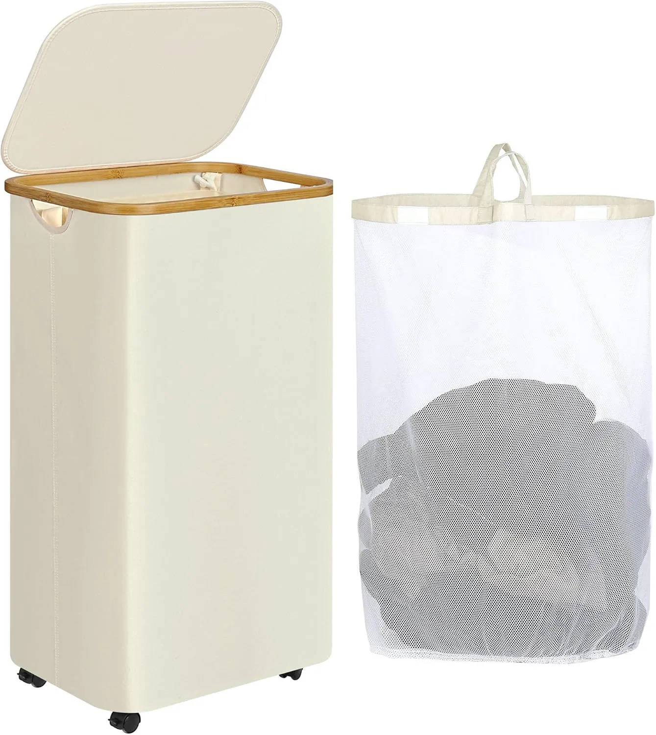 Laundry Basket with Wheels, 110L Clothes Hamper for Laundry, Laundry Hamper with Lid and Inner Bag, for Laundry Room, Bedroom, Dormitory Storage,Beige