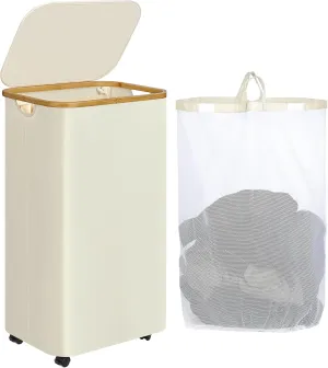 Laundry Basket with Wheels, 110L Clothes Hamper for Laundry, Laundry Hamper with Lid and Inner Bag, for Laundry Room, Bedroom, Dormitory Storage,Beige