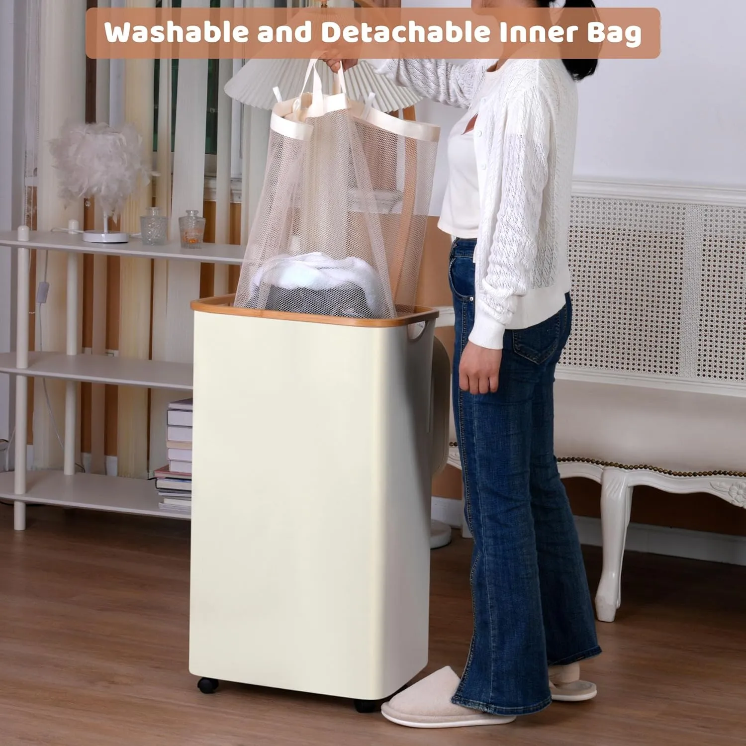 Laundry Basket with Wheels, 110L Clothes Hamper for Laundry, Laundry Hamper with Lid and Inner Bag, for Laundry Room, Bedroom, Dormitory Storage,Beige