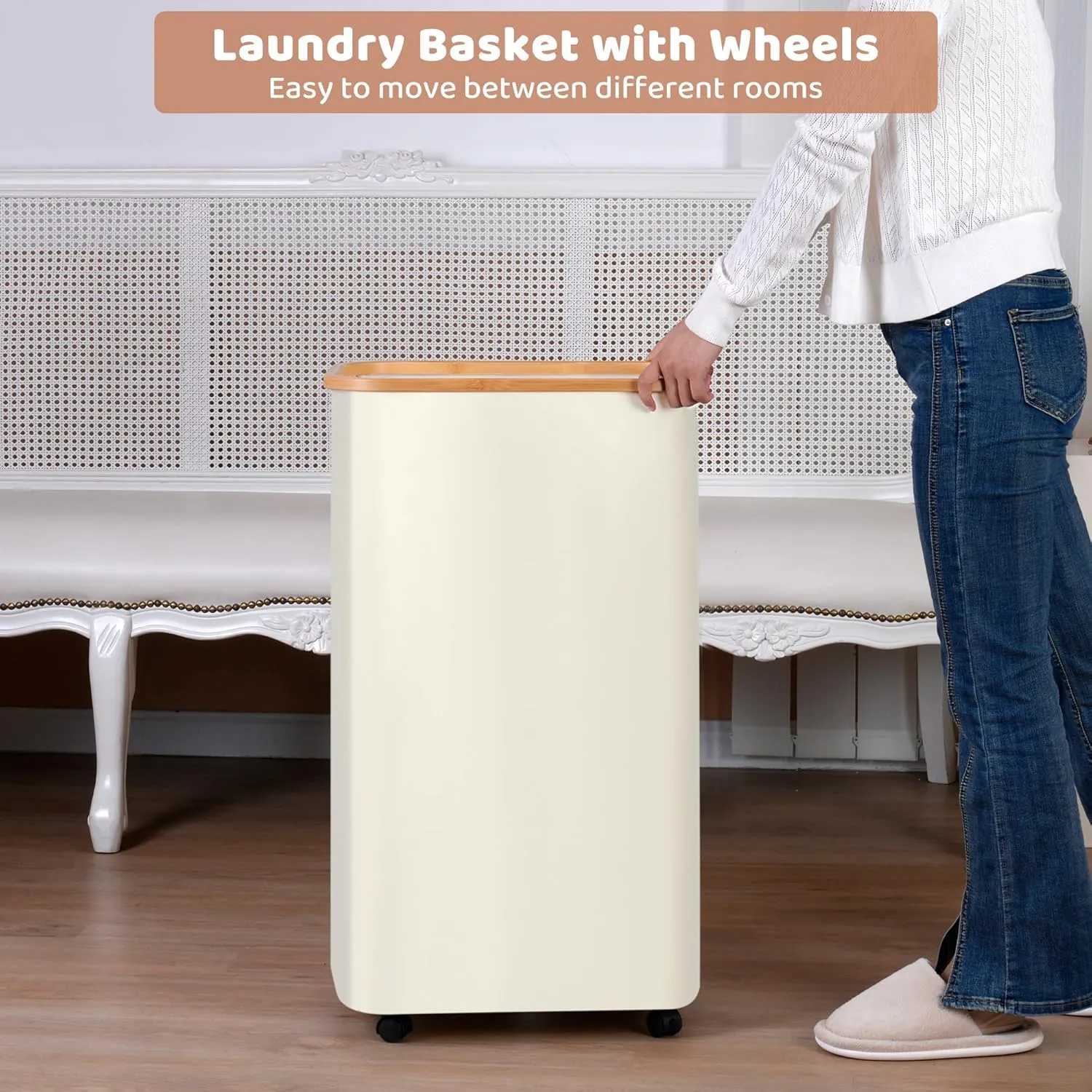 Laundry Basket with Wheels, 110L Clothes Hamper for Laundry, Laundry Hamper with Lid and Inner Bag, for Laundry Room, Bedroom, Dormitory Storage,Beige