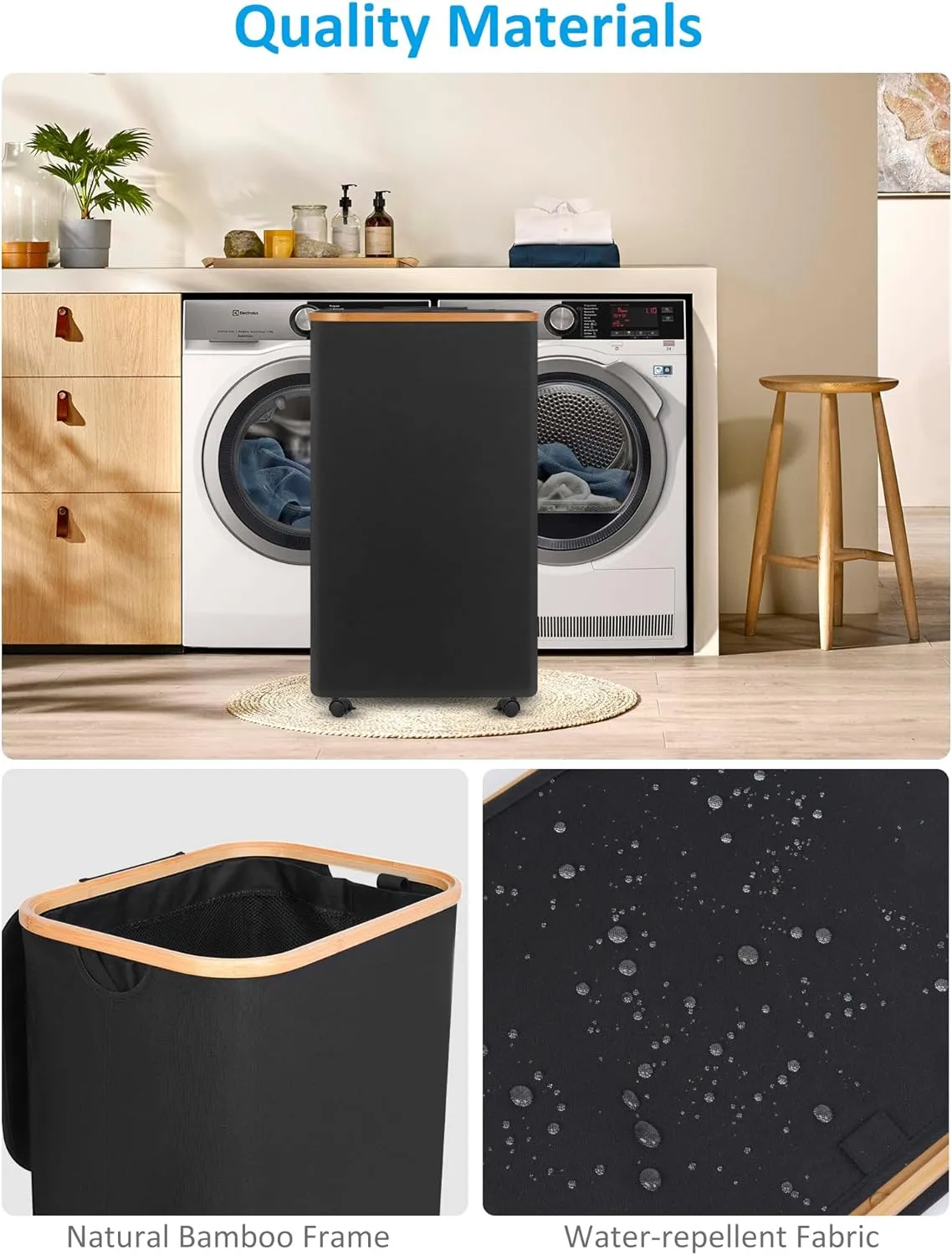 Laundry Basket with Wheels, Tall Rolling Laundry Hamper with Lid and Removable Bag, Aesthetic Dirty Clothes Hamper on Wheels for Laundry Room, Bedroom, Dorm and Bathroom, 100L Black
