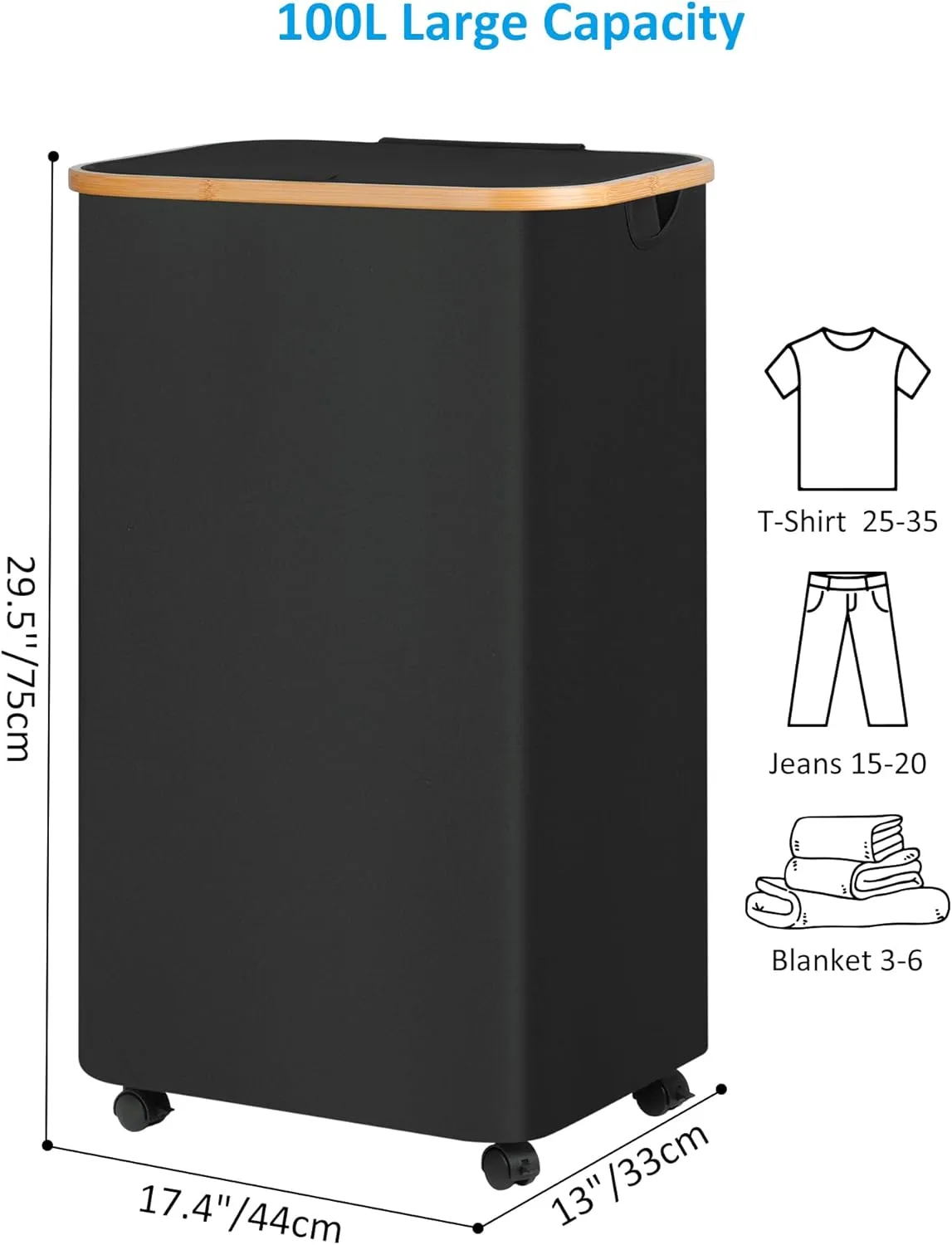 Laundry Basket with Wheels, Tall Rolling Laundry Hamper with Lid and Removable Bag, Aesthetic Dirty Clothes Hamper on Wheels for Laundry Room, Bedroom, Dorm and Bathroom, 100L Black