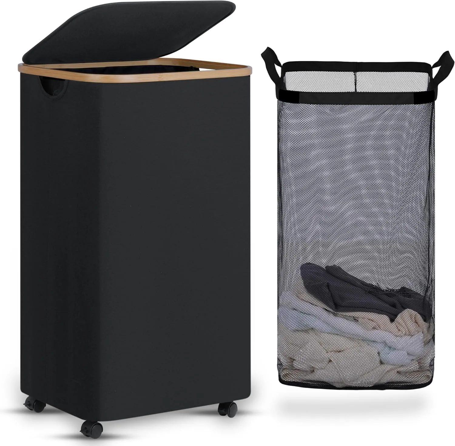Laundry Basket with Wheels, Tall Rolling Laundry Hamper with Lid and Removable Bag, Aesthetic Dirty Clothes Hamper on Wheels for Laundry Room, Bedroom, Dorm and Bathroom, 100L Black