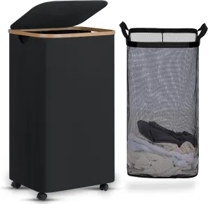 Laundry Basket with Wheels, Tall Rolling Laundry Hamper with Lid and Removable Bag, Aesthetic Dirty Clothes Hamper on Wheels for Laundry Room, Bedroom, Dorm and Bathroom, 100L Black