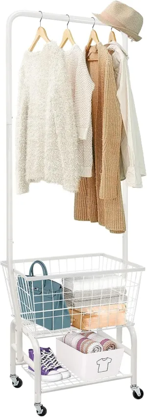 Laundry Cart with Wheels and Hanging Rack, Rolling Laundry Basket with Clothes Rack Laundry Butler with Wire Storage Rack Coat Rack for Laundry Bedroom Hallway, White