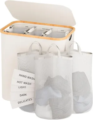 Laundry Hamper 3 Section, 145L Dirty Clothes Hamper with Lid, Extra Large Laundry Basket Organizer with Removable Inner Bags & Labels for Laundry Room, Bedroom, Beige