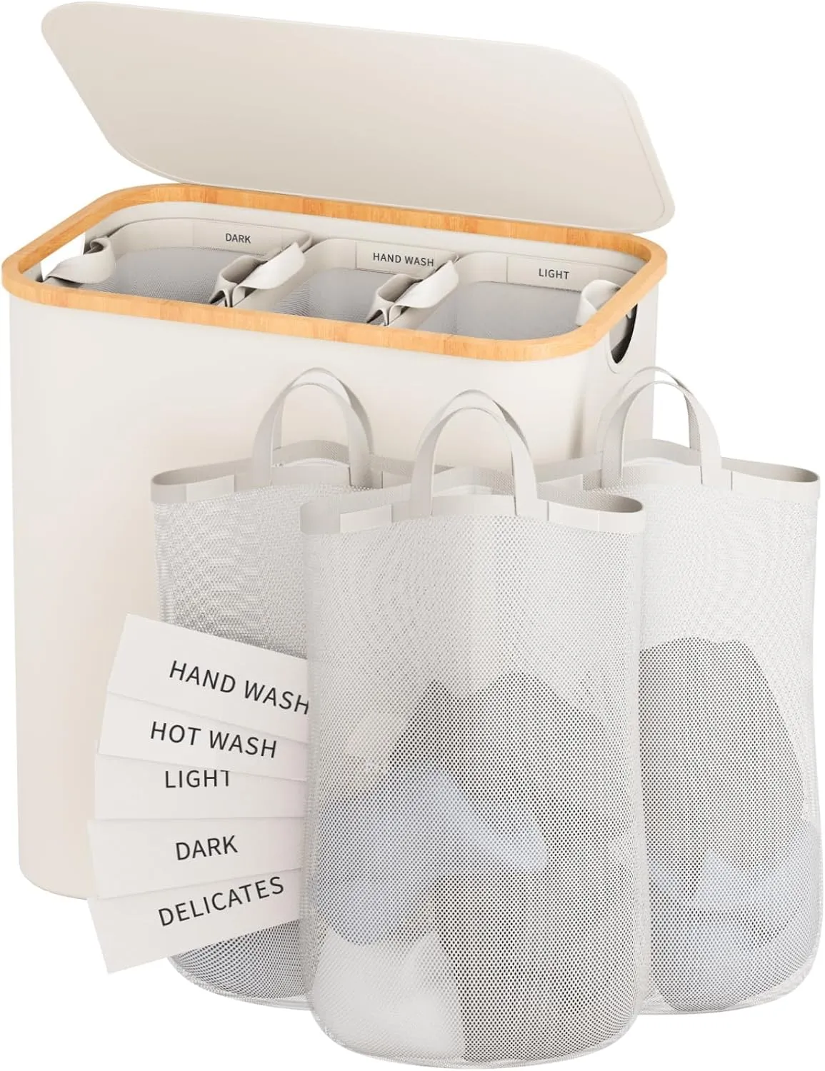 Laundry Hamper 3 Section, 145L Dirty Clothes Hamper with Lid, Extra Large Laundry Basket Organizer with Removable Inner Bags & Labels for Laundry Room, Bedroom, Beige