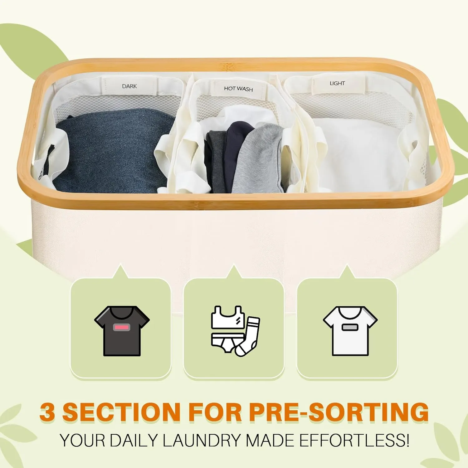 Laundry Hamper 3 Section, 145L Dirty Clothes Hamper with Lid, Extra Large Laundry Basket Organizer with Removable Inner Bags & Labels for Laundry Room, Bedroom, Beige