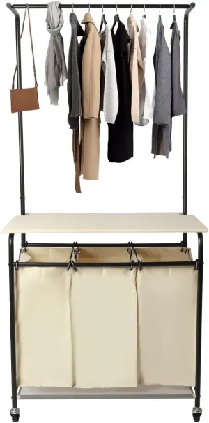 Laundry Hamper, 3 Section with Ironing Board, Removable Hanging Bar & Bags, Rolling Laundry Cart, 59"H x 29"L x 17"W, Yellow