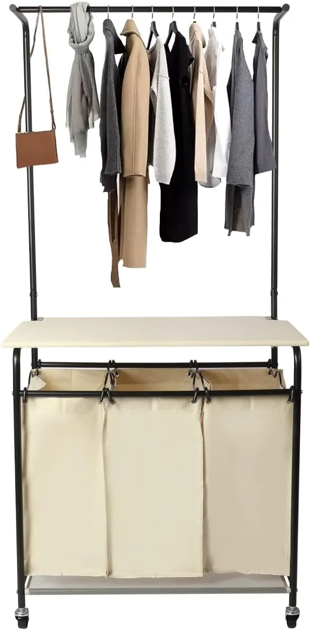 Laundry Hamper, 3 Section with Ironing Board, Removable Hanging Bar & Bags, Rolling Laundry Cart, 59"H x 29"L x 17"W, Yellow