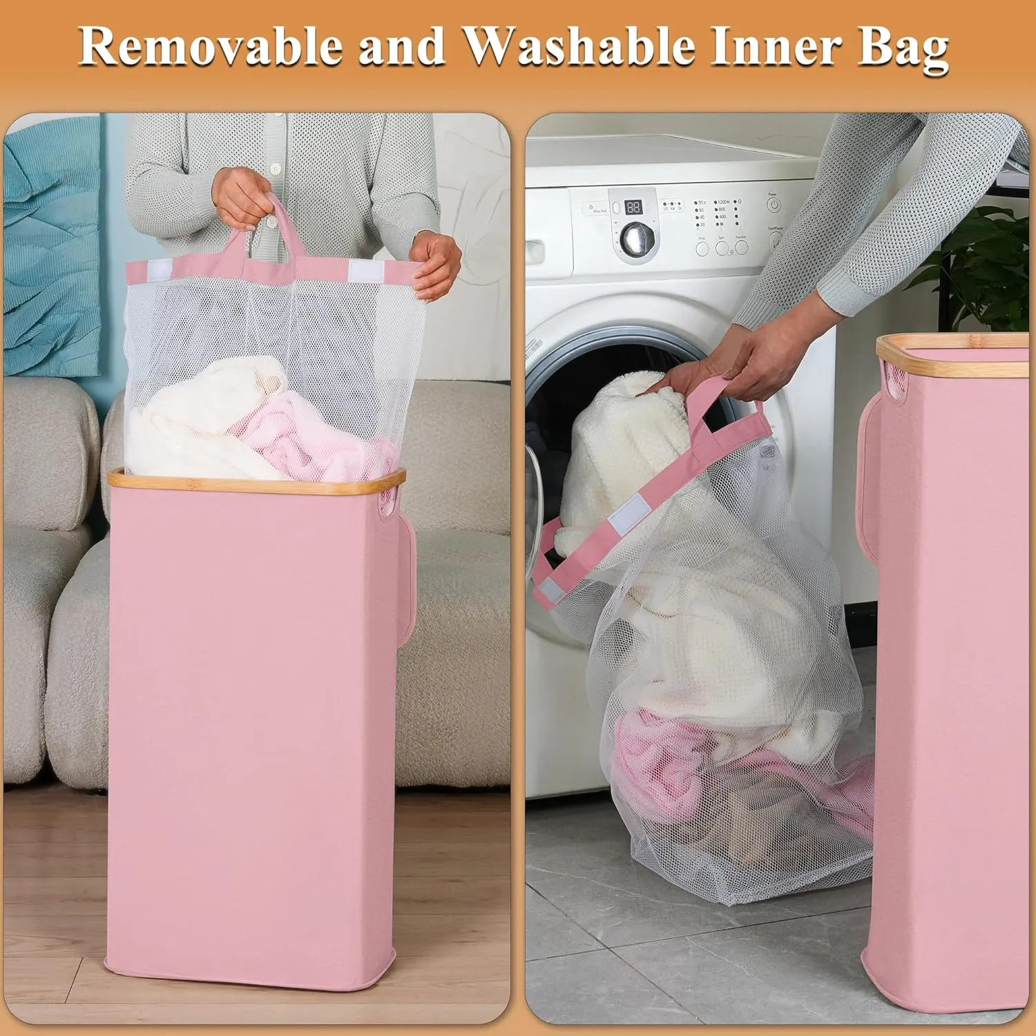 Laundry Hamper with Lid, 110L Large Laundry Basket with Handle and Lid, Collapsible Clothes Basket Organizer with Removable Inner Bag for Clothes Toys Towels,Pink
