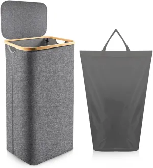 Laundry Hamper with Lid - Grey 100L Large Laundry Basket with Removable Bag & Handle, Collapsible Dirty Clothes Hamper, 29.5" Tall Laundry Bin for Laundry Room Bathroom Bedroom Dorm