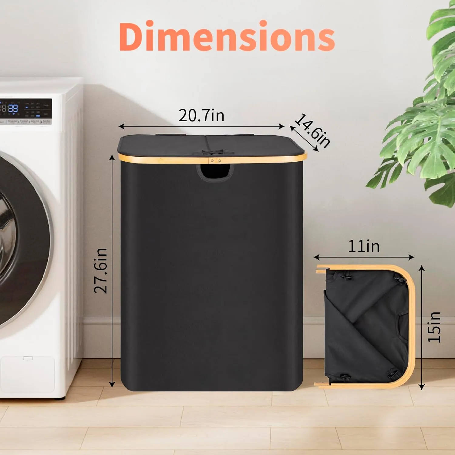 Laundry Hamper with Lid,135L Laundry Basket for Clothes hamper,Laundry Basket with Bamboo Handle and Removable Bags,Large Foldable Dirty Clothes Hamper,Black