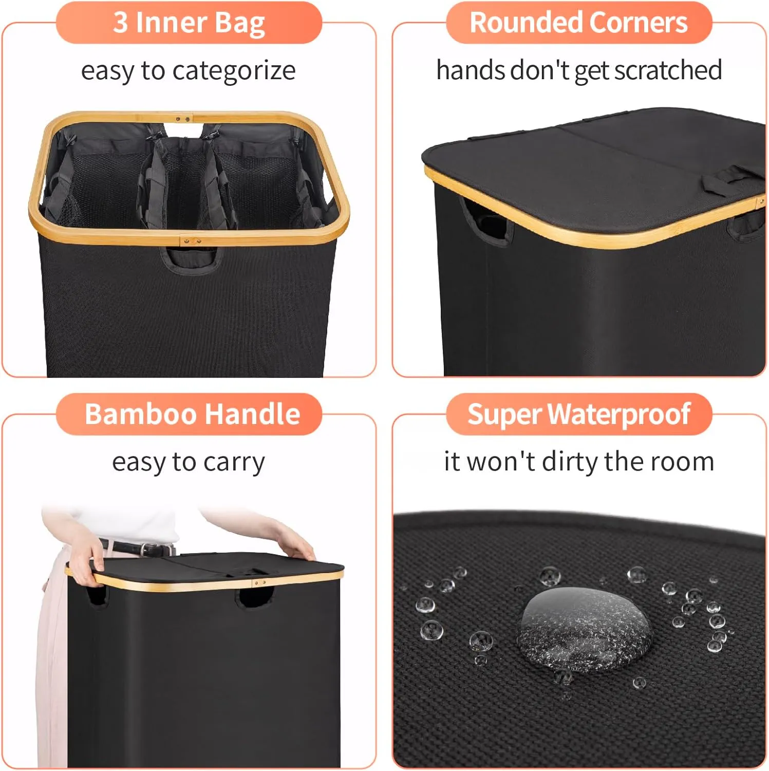 Laundry Hamper with Lid,135L Laundry Basket for Clothes hamper,Laundry Basket with Bamboo Handle and Removable Bags,Large Foldable Dirty Clothes Hamper,Black