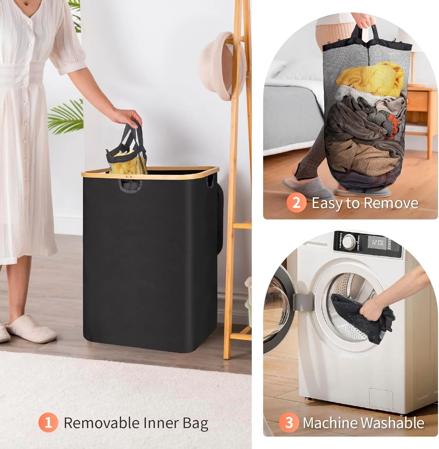 Laundry Hamper with Lid,135L Laundry Basket for Clothes hamper,Laundry Basket with Bamboo Handle and Removable Bags,Large Foldable Dirty Clothes Hamper,Black