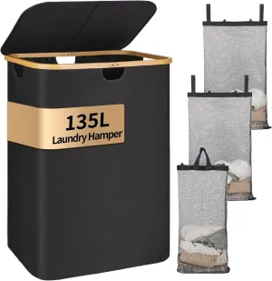 Laundry Hamper with Lid,135L Laundry Basket for Clothes hamper,Laundry Basket with Bamboo Handle and Removable Bags,Large Foldable Dirty Clothes Hamper,Black