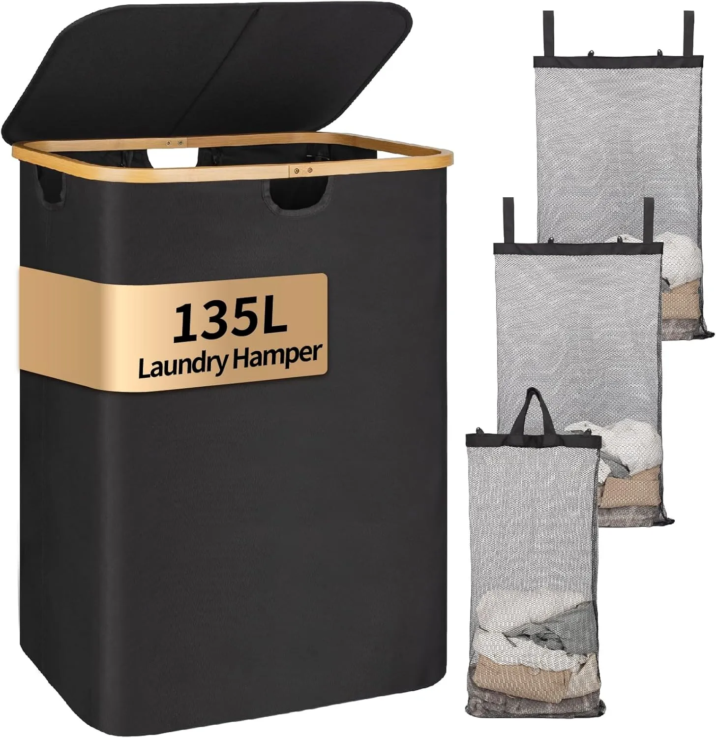 Laundry Hamper with Lid,135L Laundry Basket for Clothes hamper,Laundry Basket with Bamboo Handle and Removable Bags,Large Foldable Dirty Clothes Hamper,Black