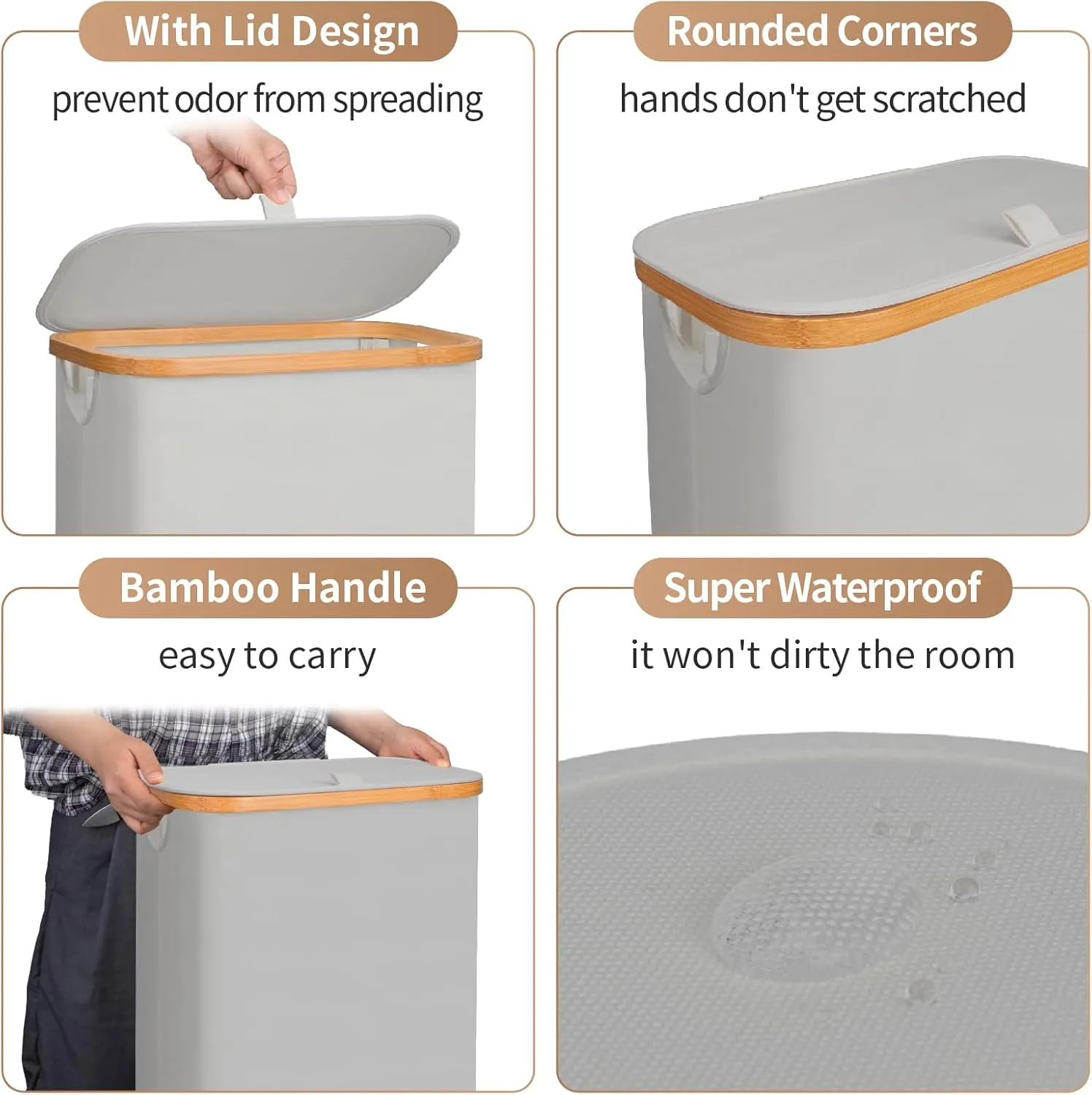Laundry Hamper with Lid,65L Laundry Basket for Clothes hamper,Laundry Basket with Bamboo Handle and Removable Bags,Large Foldable Dirty Clothes Hamper,Grey