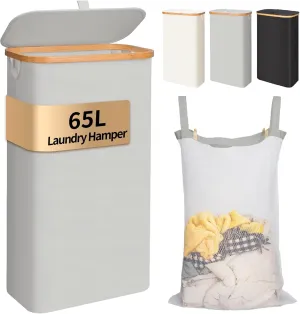 Laundry Hamper with Lid,65L Laundry Basket for Clothes hamper,Laundry Basket with Bamboo Handle and Removable Bags,Large Foldable Dirty Clothes Hamper,Grey