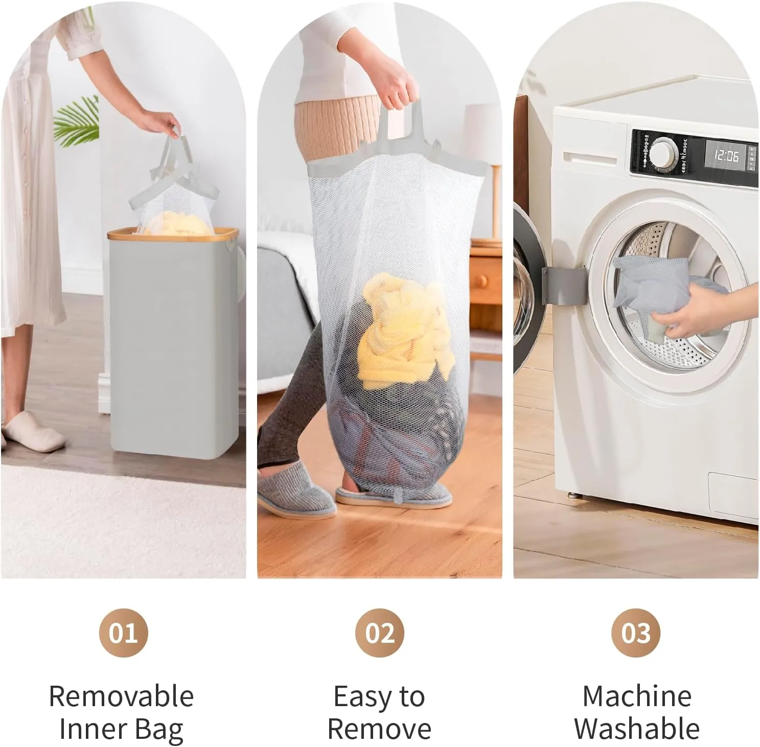 Laundry Hamper with Lid,65L Laundry Basket for Clothes hamper,Laundry Basket with Bamboo Handle and Removable Bags,Large Foldable Dirty Clothes Hamper,Grey