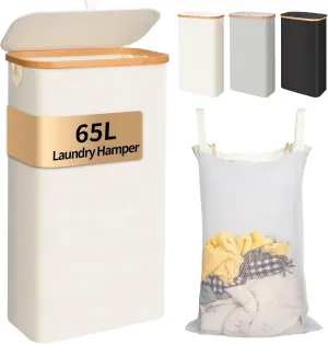 Laundry Hamper with Lid,65L Laundry Basket for Clothes hamper,Laundry Basket with Bamboo Handle and Removable Bags,Large Foldable Dirty Clothes Hamper,White