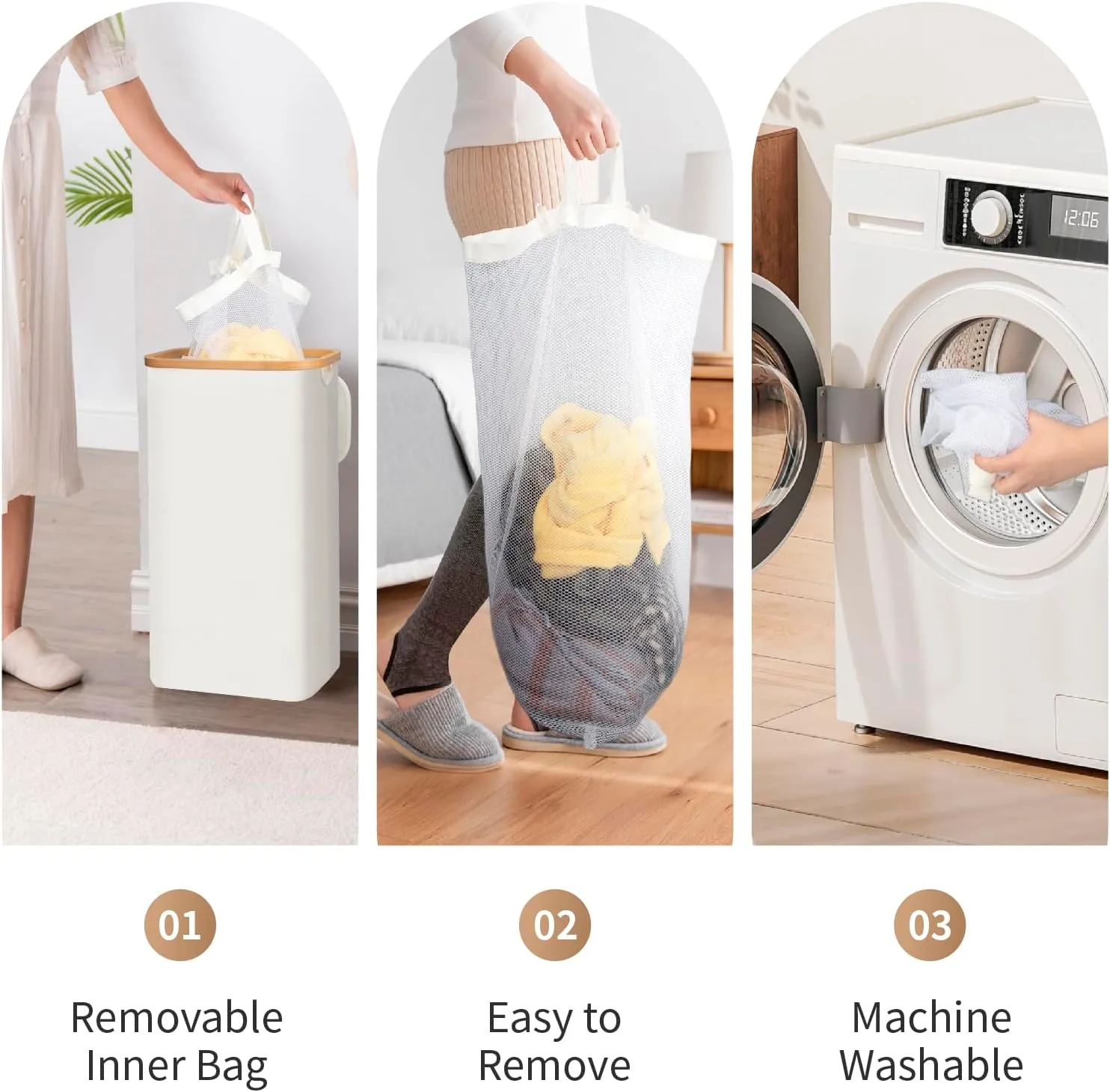 Laundry Hamper with Lid,65L Laundry Basket for Clothes hamper,Laundry Basket with Bamboo Handle and Removable Bags,Large Foldable Dirty Clothes Hamper,White
