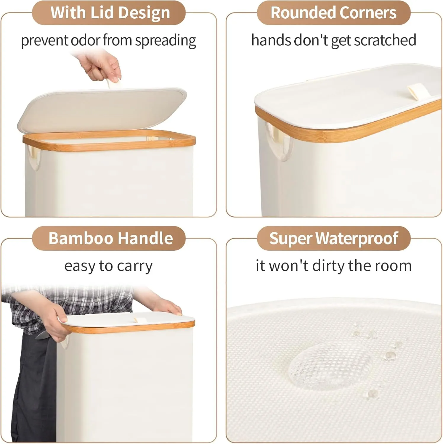 Laundry Hamper with Lid,65L Laundry Basket for Clothes hamper,Laundry Basket with Bamboo Handle and Removable Bags,Large Foldable Dirty Clothes Hamper,White