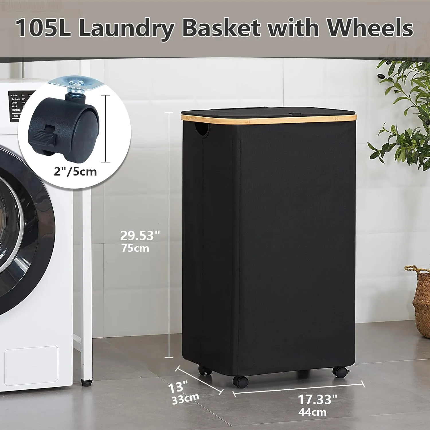 Laundry Hamper with Wheels, 105L Laundry Basket with Lid & Removable Laundy Bag, Waterproof Large Laundry Basket on Wheels, Rolling Laundry Hamper with Bamboo Handles for Laundry Room, Black