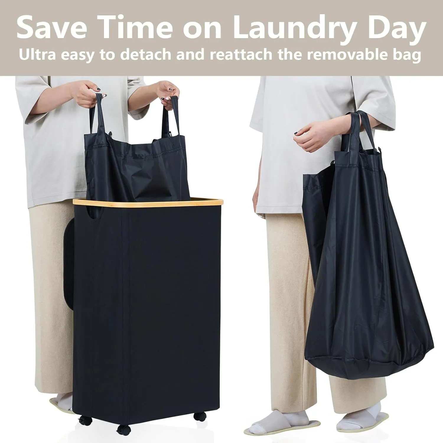 Laundry Hamper with Wheels, 105L Laundry Basket with Lid & Removable Laundy Bag, Waterproof Large Laundry Basket on Wheels, Rolling Laundry Hamper with Bamboo Handles for Laundry Room, Black