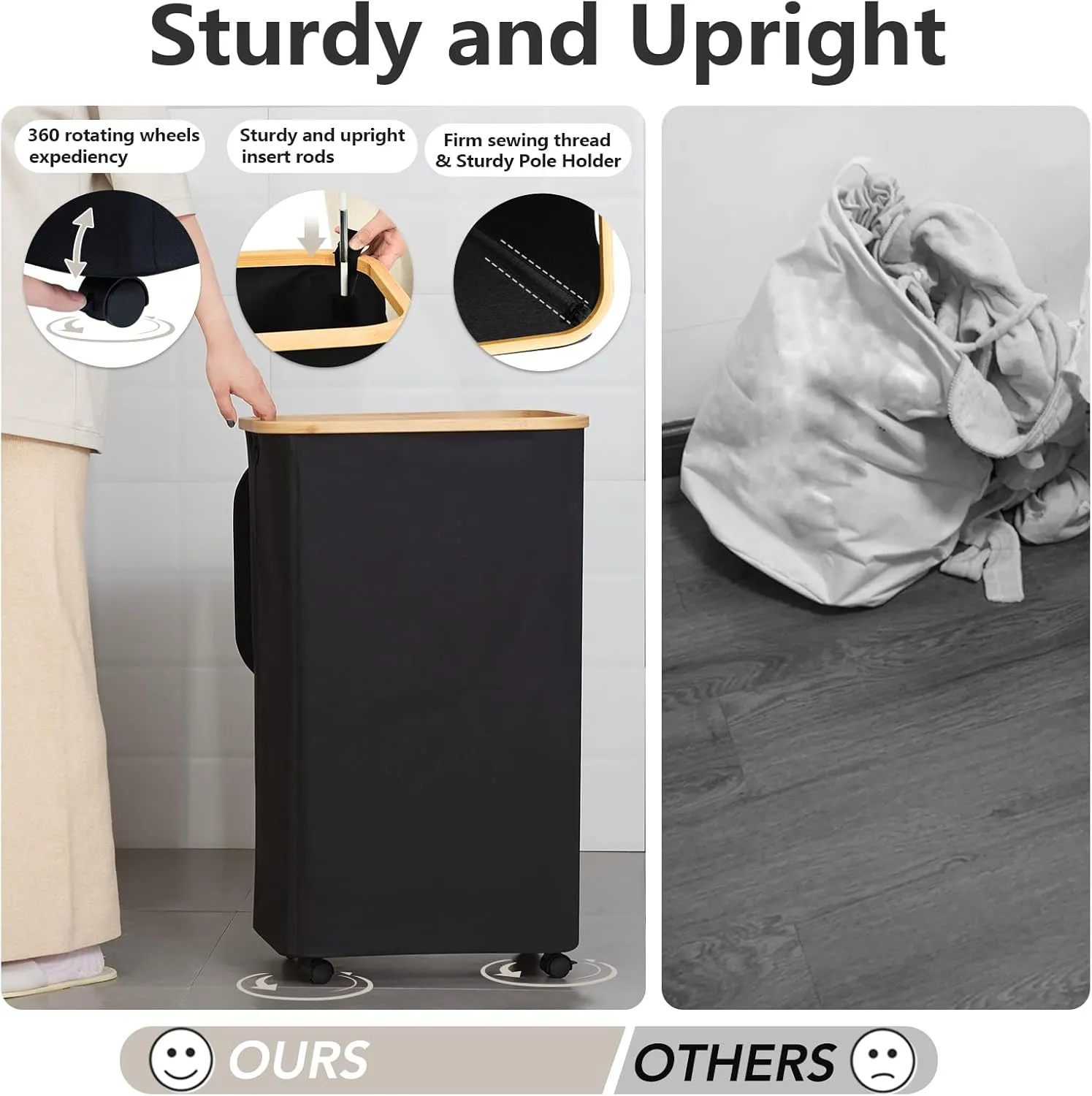 Laundry Hamper with Wheels, 105L Laundry Basket with Lid & Removable Laundy Bag, Waterproof Large Laundry Basket on Wheels, Rolling Laundry Hamper with Bamboo Handles for Laundry Room, Black