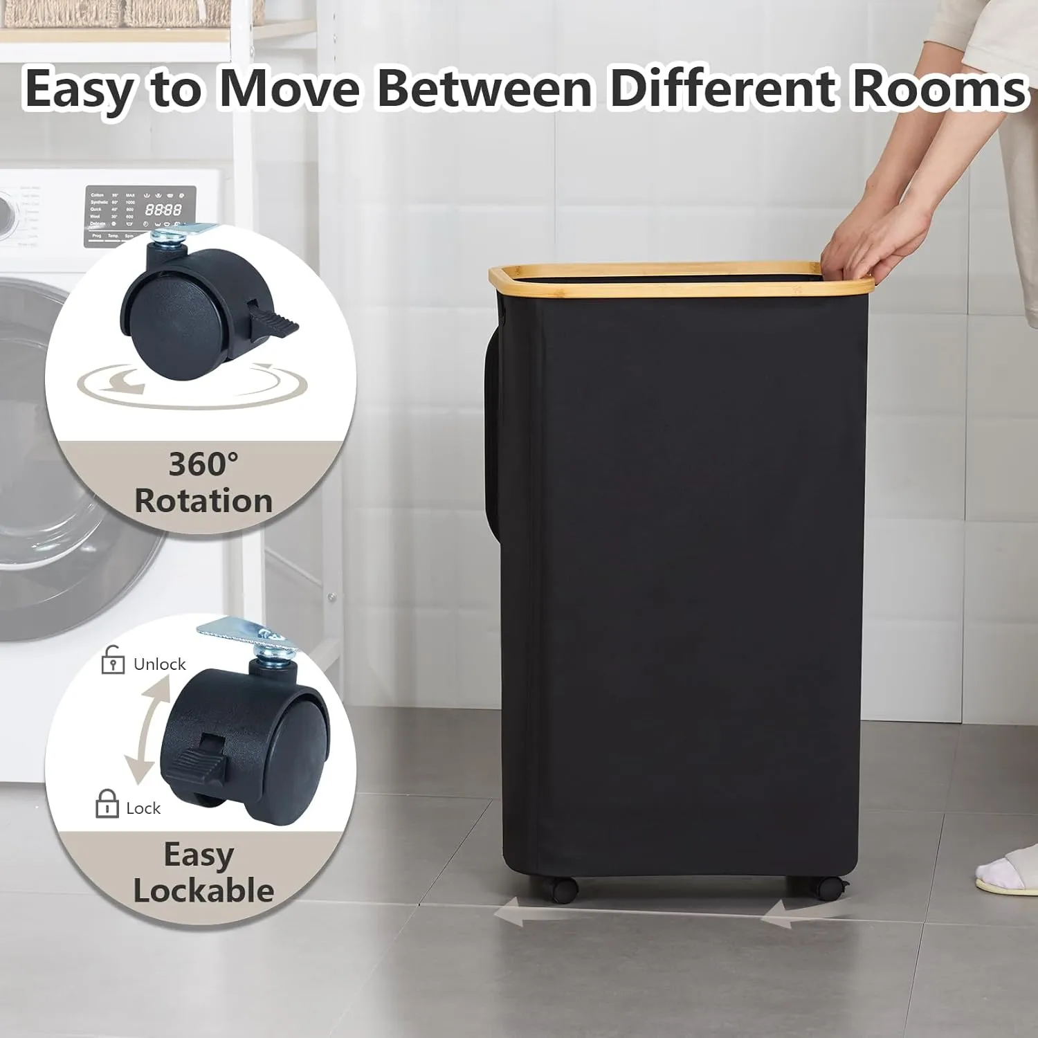 Laundry Hamper with Wheels, 105L Laundry Basket with Lid & Removable Laundy Bag, Waterproof Large Laundry Basket on Wheels, Rolling Laundry Hamper with Bamboo Handles for Laundry Room, Black