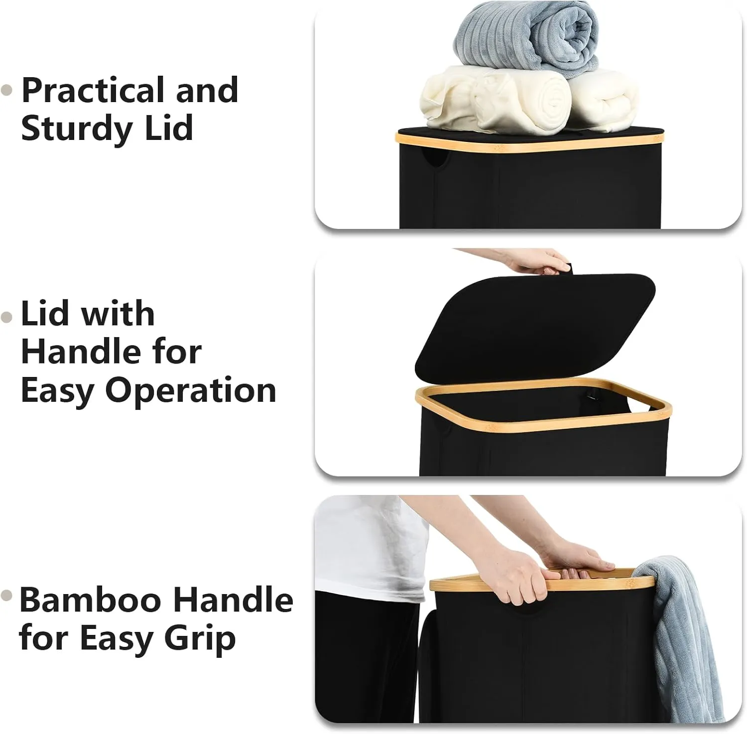 Laundry Hamper with Wheels, 105L Laundry Basket with Lid & Removable Laundy Bag, Waterproof Large Laundry Basket on Wheels, Rolling Laundry Hamper with Bamboo Handles for Laundry Room, Black