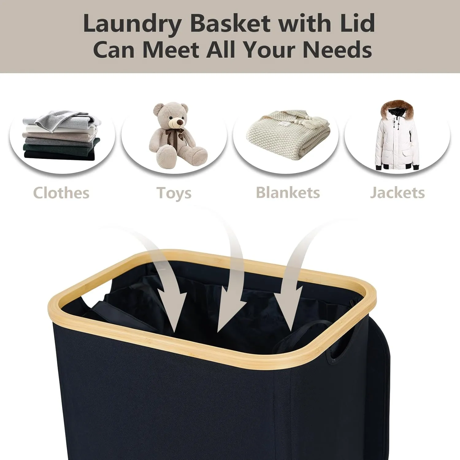 Laundry Hamper with Wheels, 105L Laundry Basket with Lid & Removable Laundy Bag, Waterproof Large Laundry Basket on Wheels, Rolling Laundry Hamper with Bamboo Handles for Laundry Room, Black