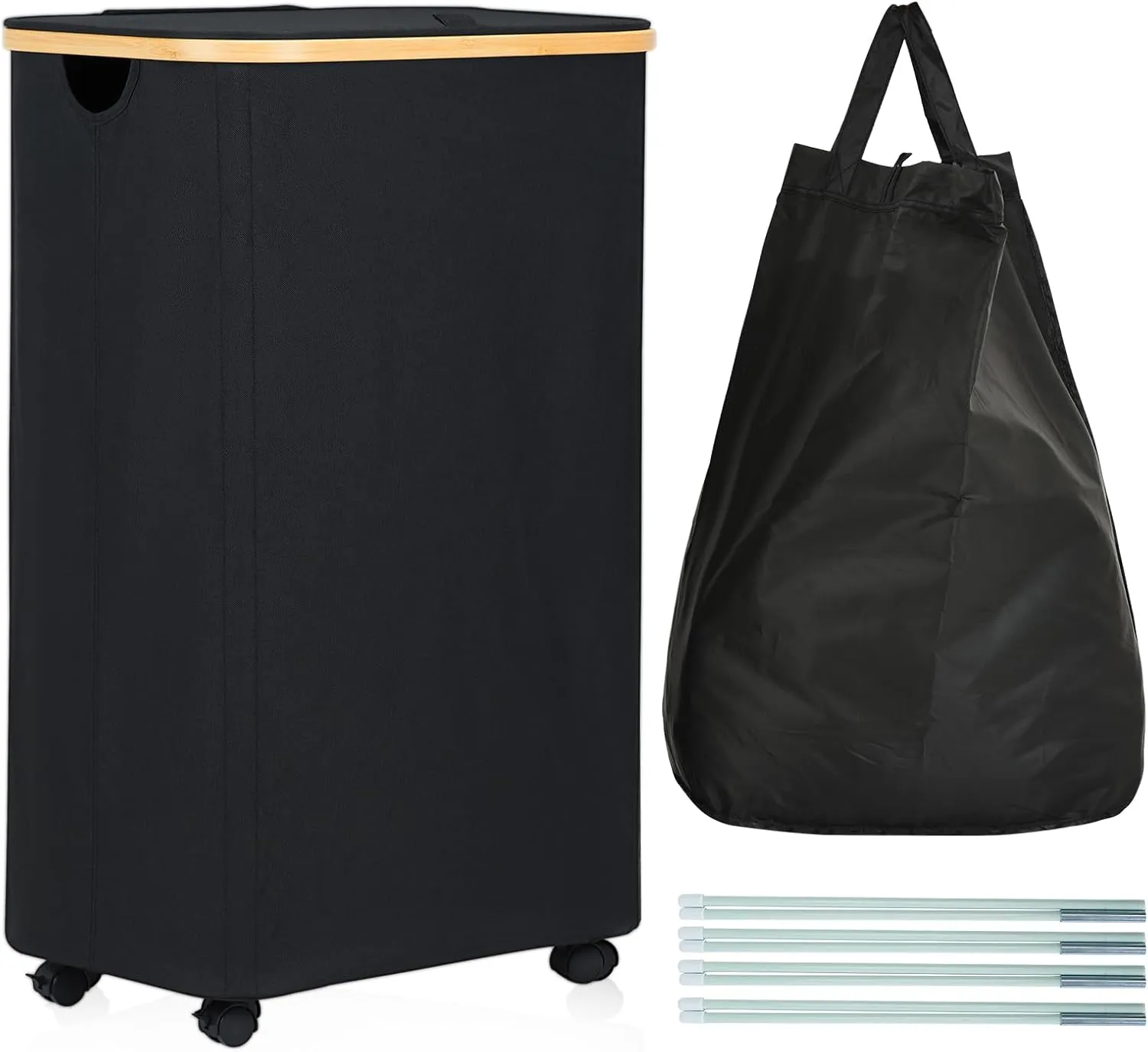Laundry Hamper with Wheels, 105L Laundry Basket with Lid & Removable Laundy Bag, Waterproof Large Laundry Basket on Wheels, Rolling Laundry Hamper with Bamboo Handles for Laundry Room, Black
