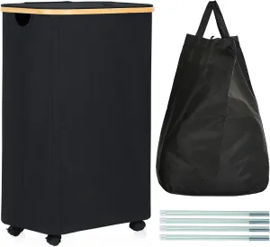 Laundry Hamper with Wheels, 105L Laundry Basket with Lid & Removable Laundy Bag, Waterproof Large Laundry Basket on Wheels, Rolling Laundry Hamper with Bamboo Handles for Laundry Room, Black
