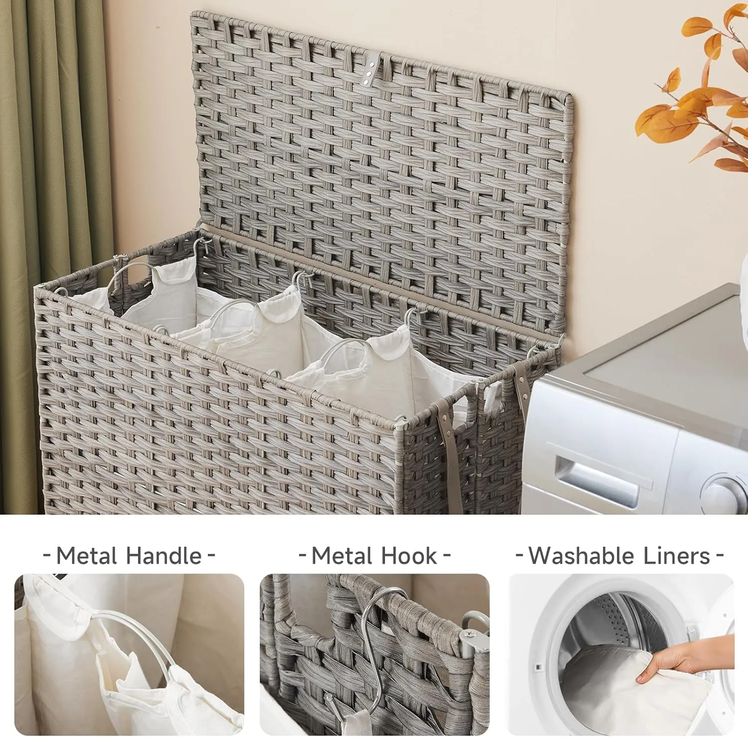 Laundry Hamper with Wheels, 52.8 Gallon(200L) Rolling Laundry Basket with Lid, 3-Section Rattan Clothes Hamper with 3 Removable Liner & 3 Mesh Laundry Bags, Laundry Sorter with Side Pocket, Grey